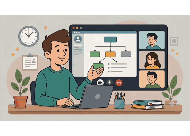 Animated illustration: a coach teaching a case framework on a video call, then a student in a final-round interview, then celebrating a job offer